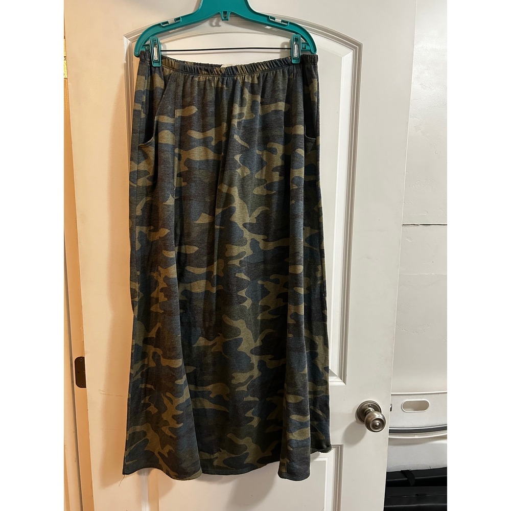 Three Bird Nest Camouflage Maxi Skirt Green Brown Jersey Knit Pockets Boho XL